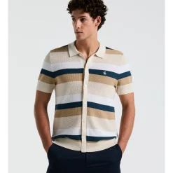 Mesh Stripe Button Front Sweater Polo