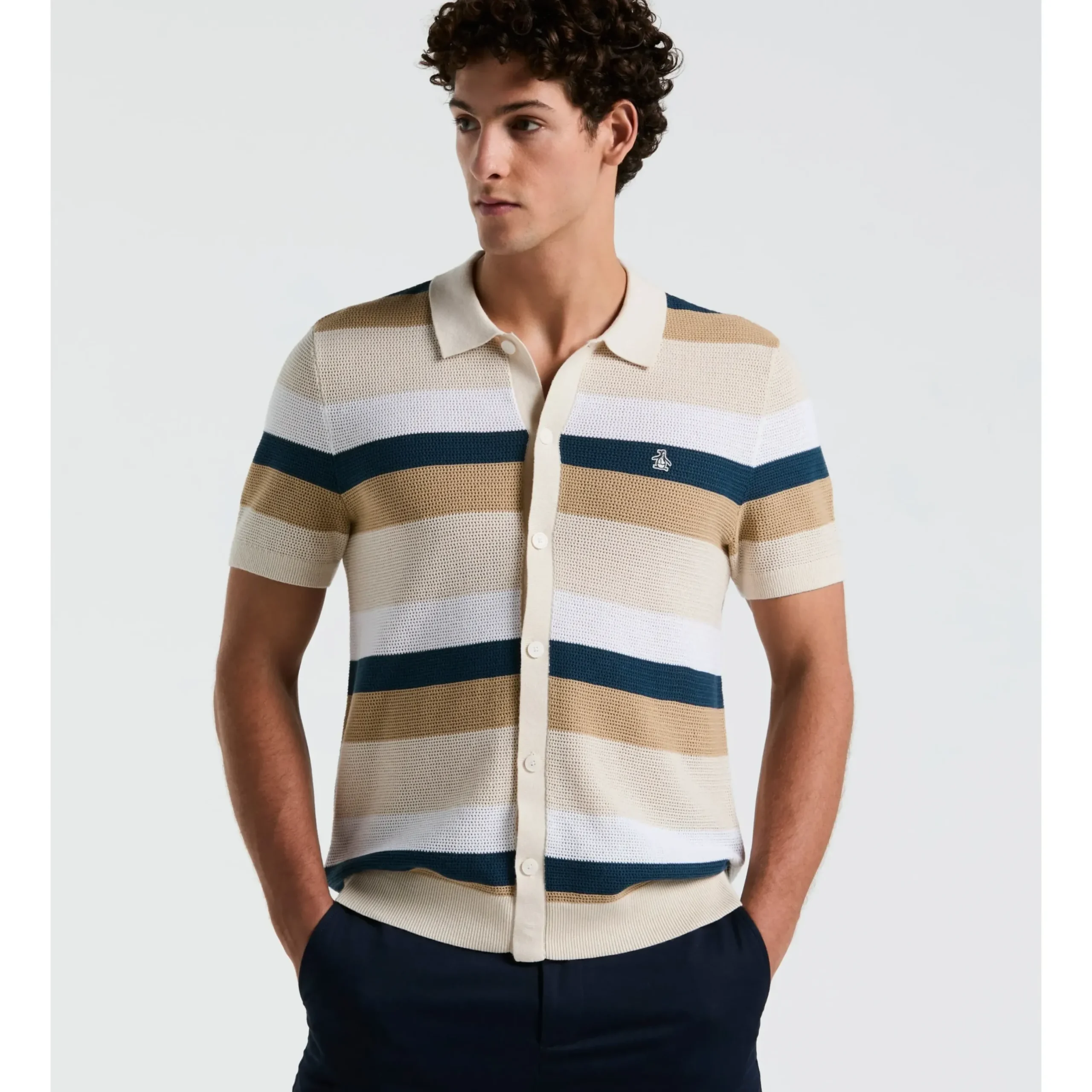 Mesh Stripe Button Front Sweater Polo