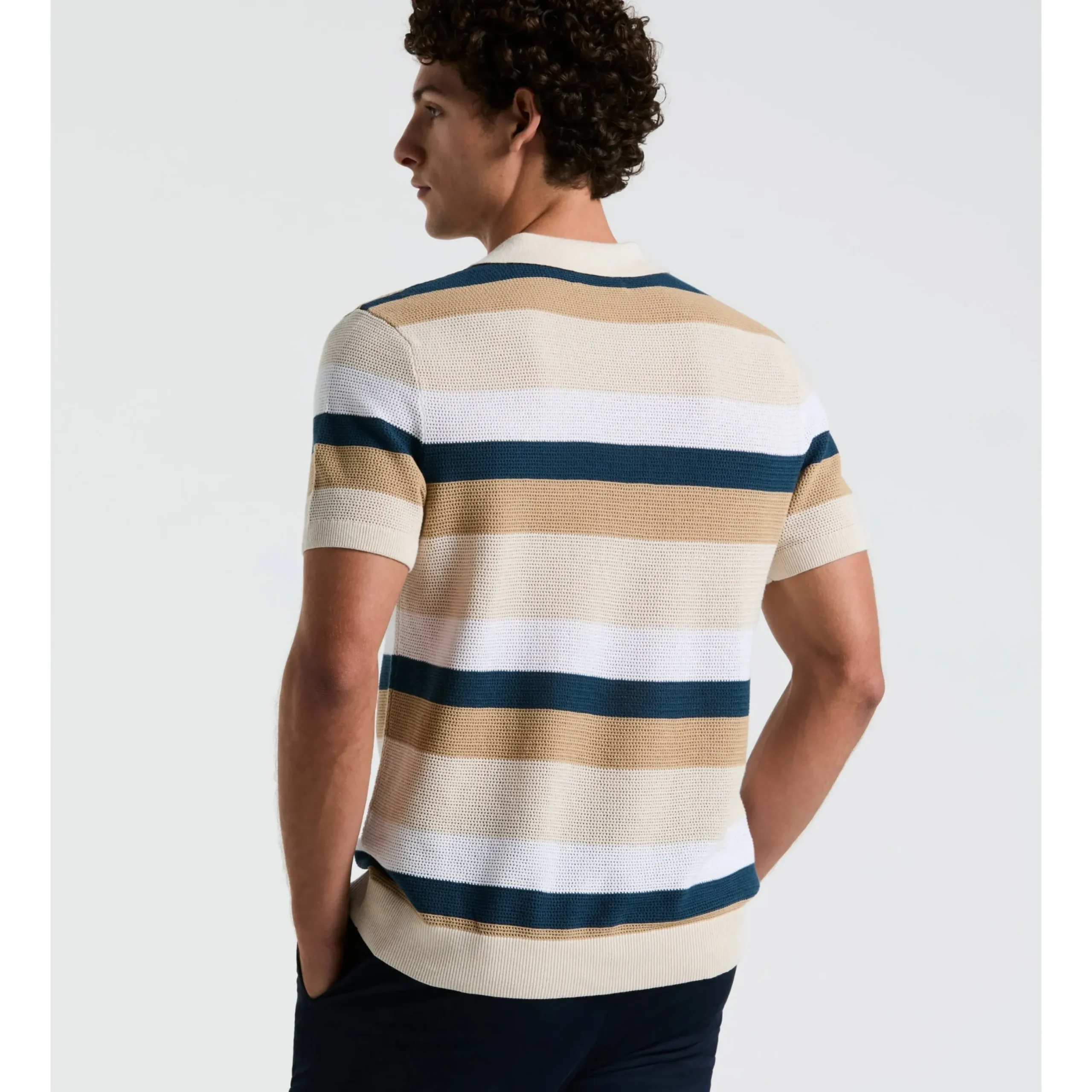 Mesh Stripe Button Front Sweater Polo