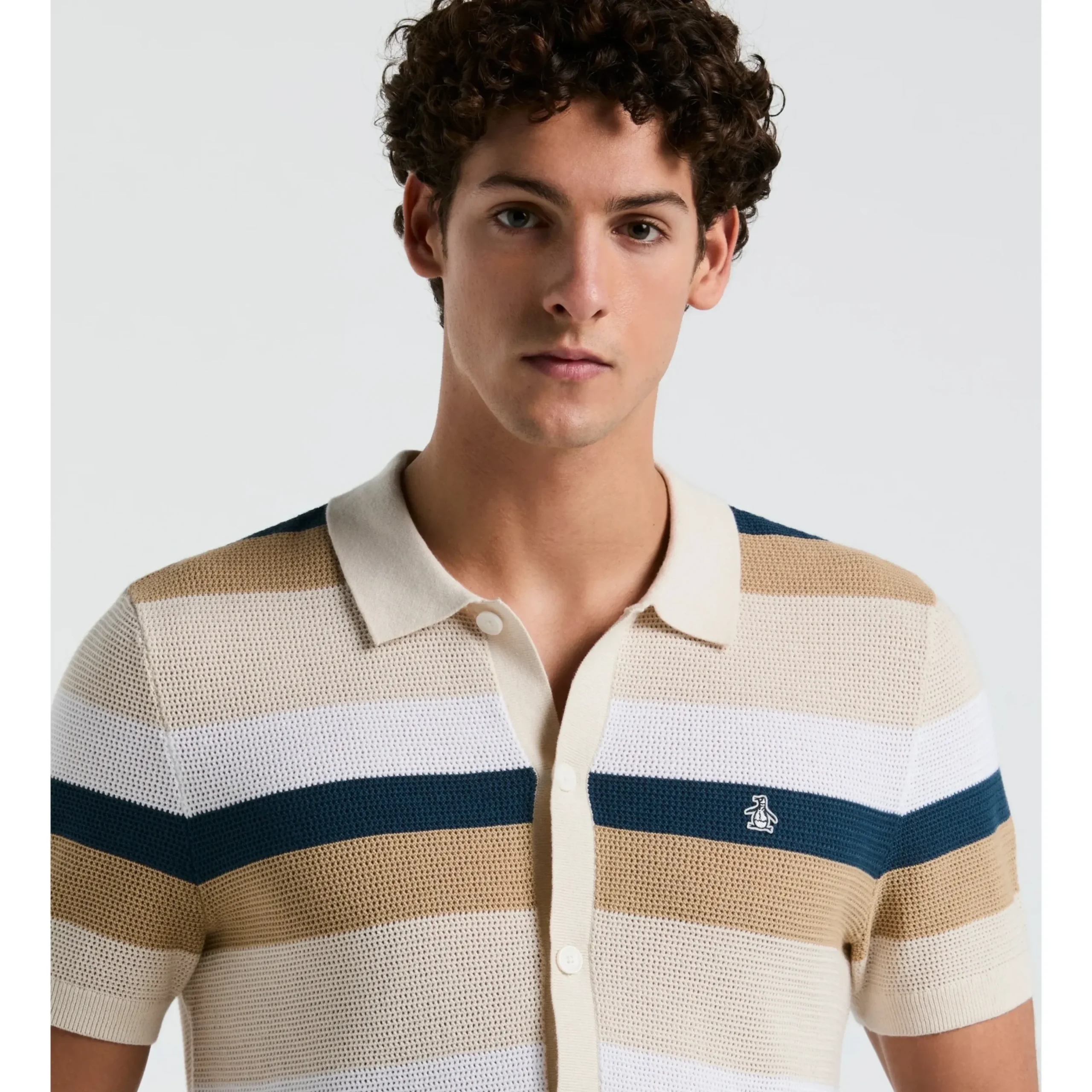 Mesh Stripe Button Front Sweater Polo