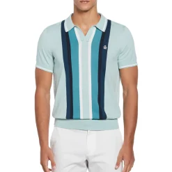Vertical Stripe Johnny Collar Sweater Polo