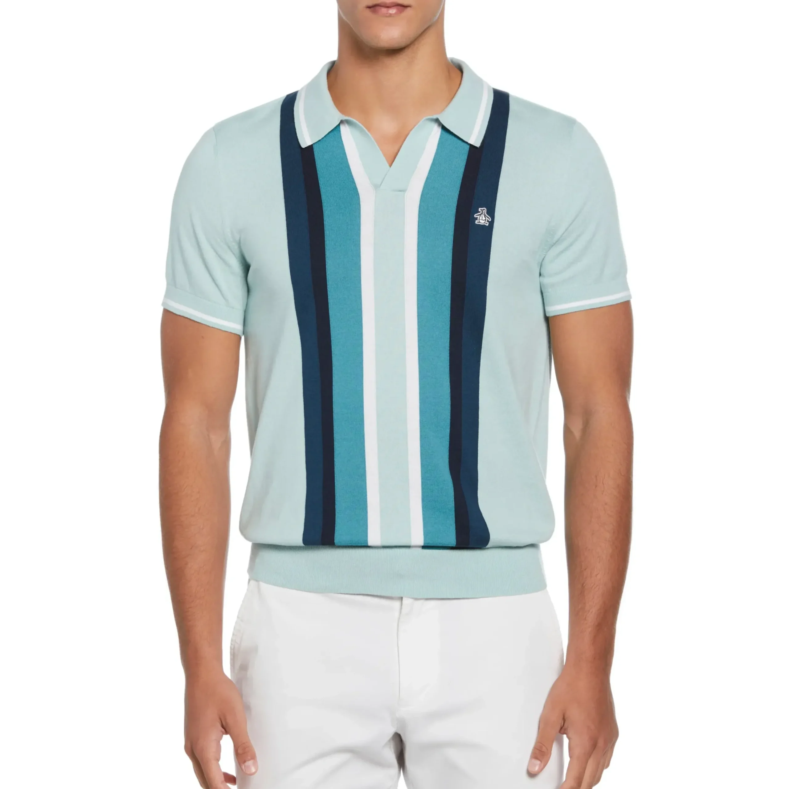 Vertical Stripe Johnny Collar Sweater Polo