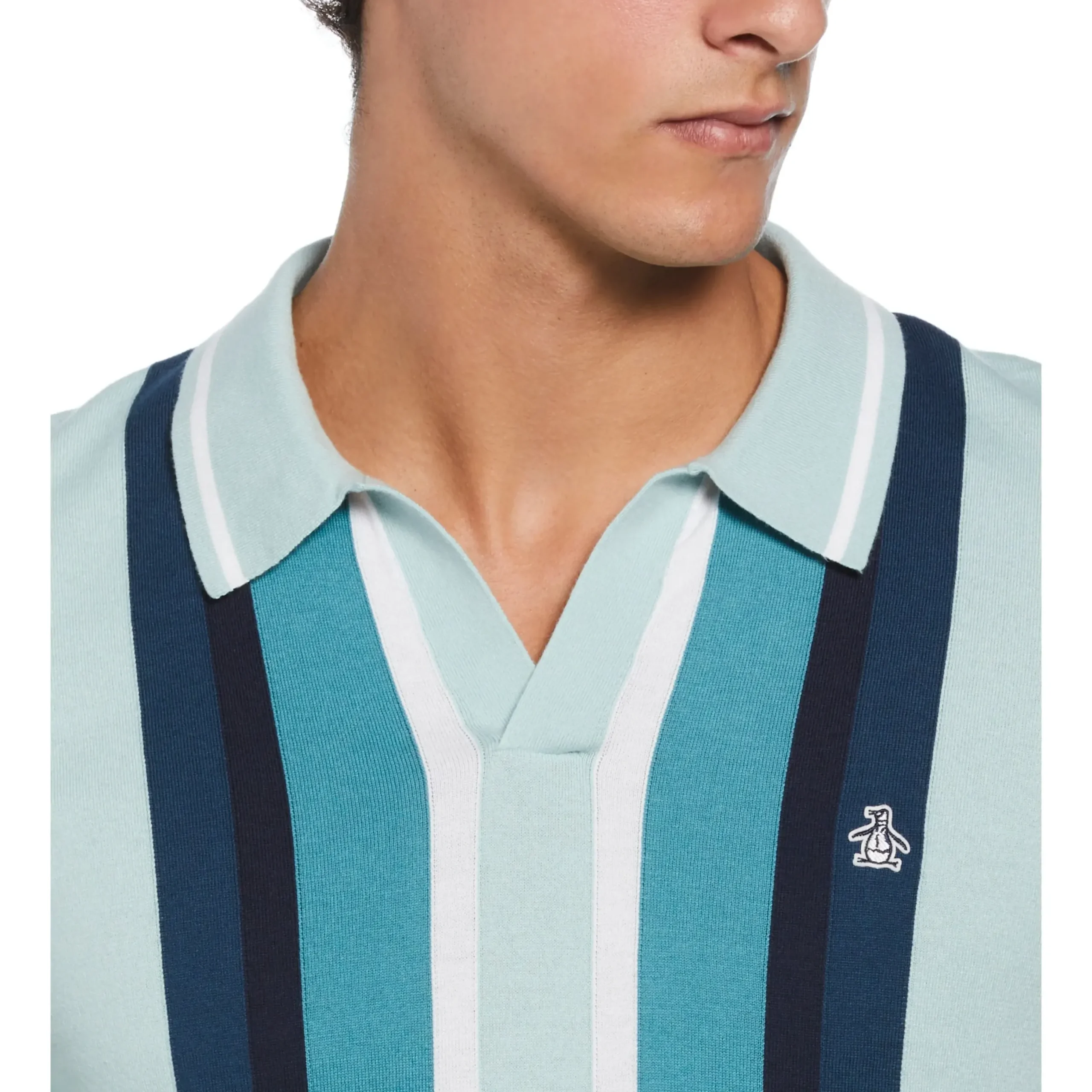 Vertical Stripe Johnny Collar Sweater Polo
